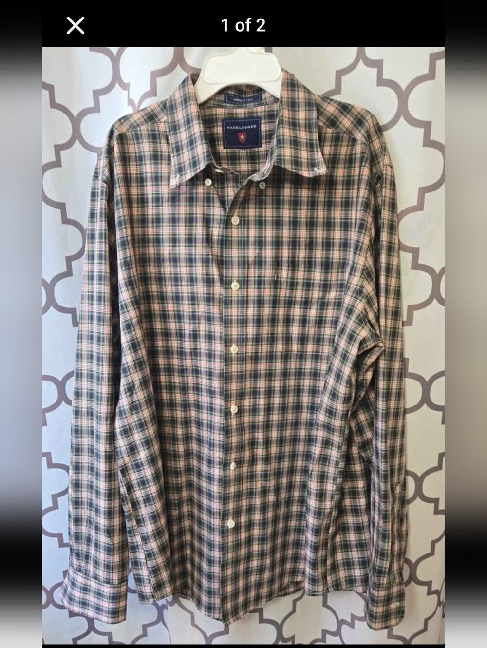 Saddlebred Green and Pink Plaid Long-Sleeve Button-Down Shirt